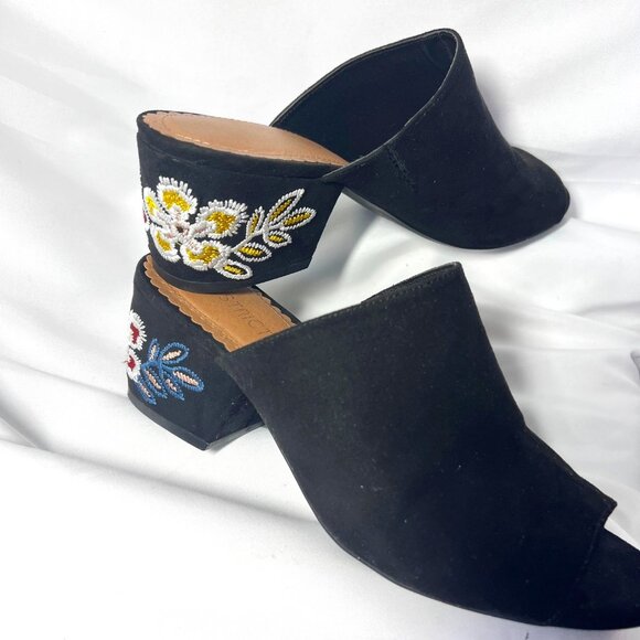 Restricted Shoes - Restricted Women's Slip On Block 2 1/2" Heels-Black Floral Embroidered-Open Toe